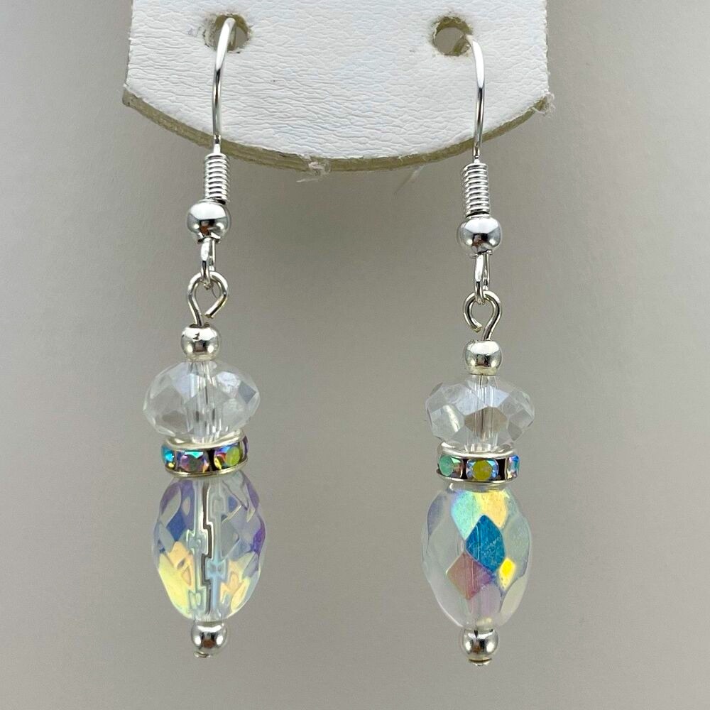 Stunning White AB Crystal Glass Beaded Dangle Earrings Silver Tone Rhinestone